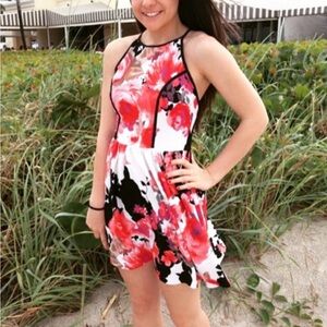Floral Halter Dress - Red and Black